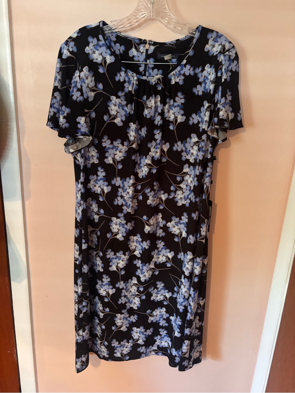 Tommy Hilfiger Floral Flutter Sleeve Jersey Shift Dress Black Blue NWT Size 14